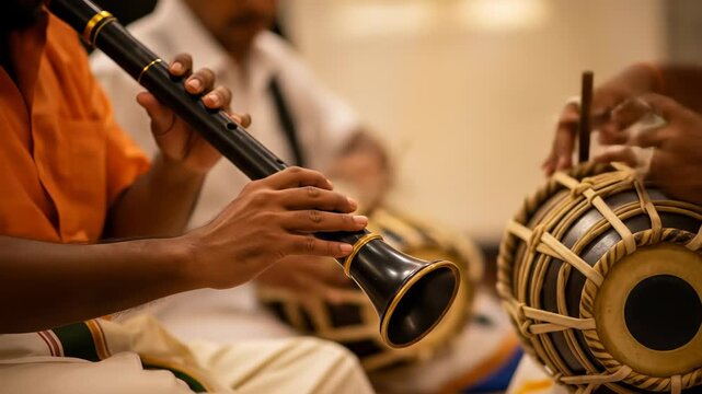Immersive Carnatic Music Performance Musicians Playing Nadaswaram and Mridangam During Festive Celebration, South India, cultural tradition