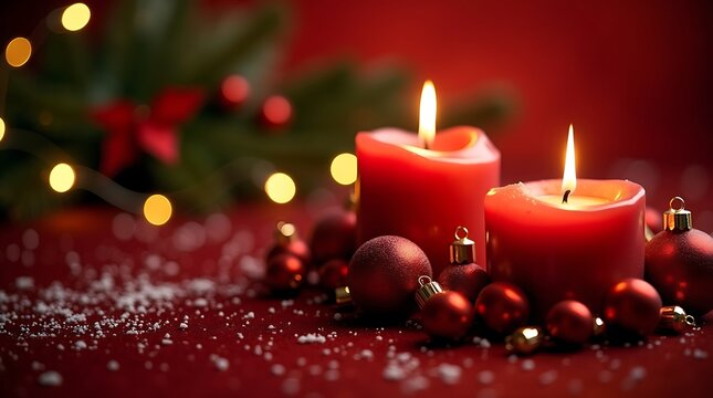 Warm christmas scene with glowing red candles and festive decorations on a snowy surface - Powered by Adobe