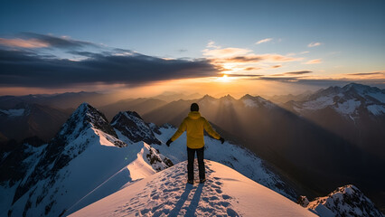 Inspirational mountain climber celebrates freedom atop snowy peak at sunrise, embracing nature's beauty and achieving fitness goals