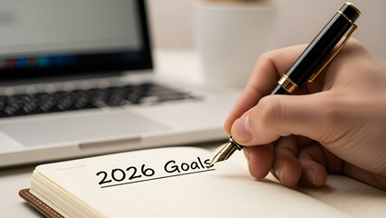Crafting 2026 goals in a notebook with a fountain pen near a laptop for future planning and success in business and life
