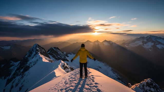 Inspirational mountain climber celebrates freedom atop snowy peak at sunrise, embracing nature's beauty and achieving fitness goals