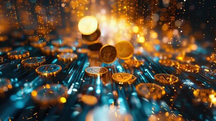 Abstract featuring a burst of digital currency, symbolizing the rapid growth and movement of cryptocurrency across a network. - Powered by Adobe