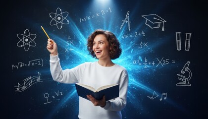 Smiling female teacher holding a book and pencil explains complex concepts on a glowing blue chalkboard with drawings of science, math, and art subjects