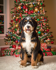 Bernedoodle dog at Christmas tree