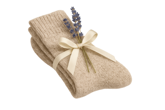 Beige knitted towel tied with cream ribbon and lavender sprigs, forming simple spa-inspired gift
