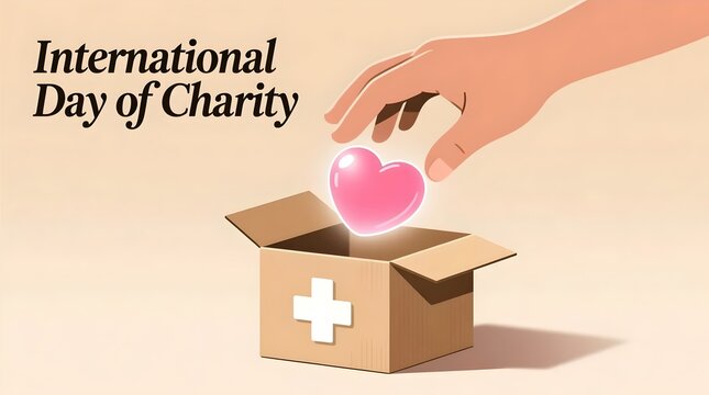 Hand dropping a glowing pink heart into a donation box with a white cross symbol for international day of charity concept illustration