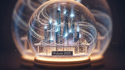 Envision the skyline of 2025 in a captivating snow globe, forecasting innovation and architectural marvels with futuristic appeal