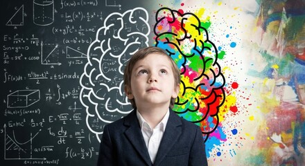 Thoughtful young boy in a smart suit stands before a conceptual brain illustration contrasting the logical left hemisphere with math and the creative right with paint