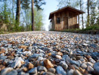 Close-up of gravel pathway leading to a small wooden cabin surrounded by trees on a sunny day in spring or summer nature setting