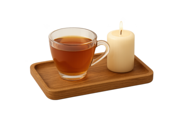 Glass cup of tea on wooden tray beside lit candle