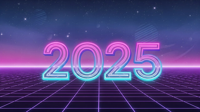 Exciting neon 2025 new year's celebration design with futuristic grid, perfect for party invitations and digital marketing campaigns