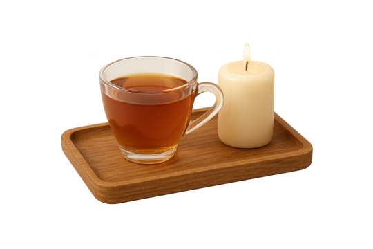 Glass cup of tea on wooden tray beside lit candle
