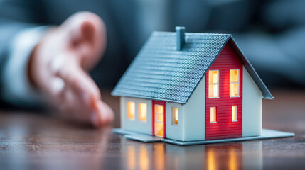 Hand protecting a detailed miniature model of a house on reflective wooden surface illustrating home security and property safety concepts with warm interior lights