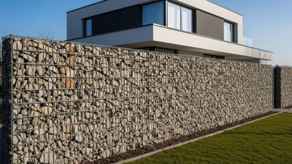 Gabion wall fence separating a modern house from a green lawn. Natural stone enclosure for garden and landscape design.