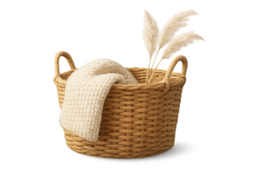 Woven rattan basket with cream knitted blanket and light pampas grass, exuding cozy natural decor
