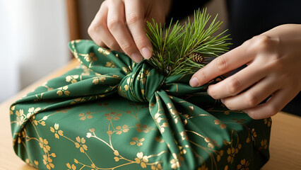 Elegant hands tie a beautiful floral green fabric gift wrapping with pine sprig for a sustainable holiday season, zero waste presents