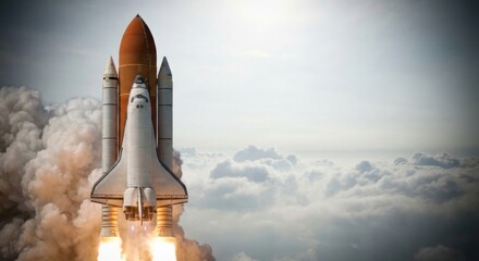 Obraz premium Powerful space shuttle rocket system launching into the sky with bright flames and thick smoke against a cloudy background with copy space