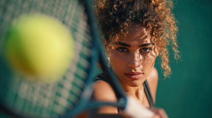 Focused young woman with curly hair preparing to hit a tennis ball with racket during an intense outdoor match on a sunny day