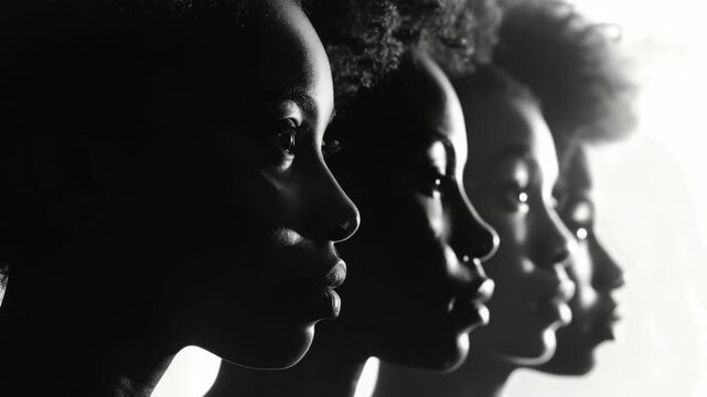 A powerful black and white featuring a series of interconnected faces symbolizing unity and diversity.