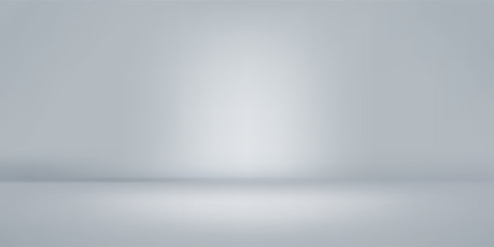 White grey studio room. Limbo light background. Abstract 3d gradient backdrop for product presentation. Minimal wall scene spotlight. Showcase, promotion display. Vector stage mockup illustration