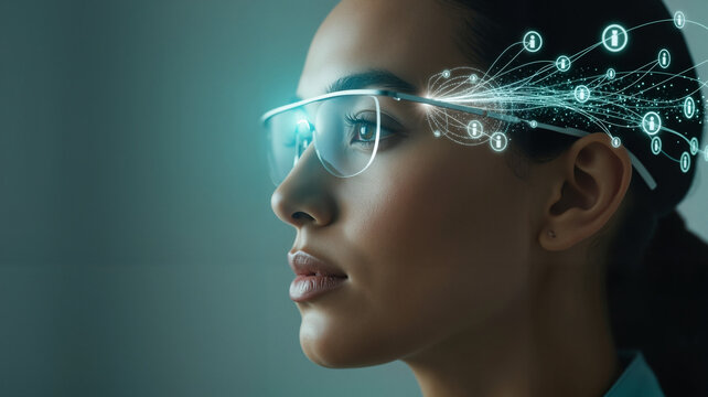 Side profile of a focused woman wearing advanced glasses with neural network visuals for an artificial intelligence concept and data processing.