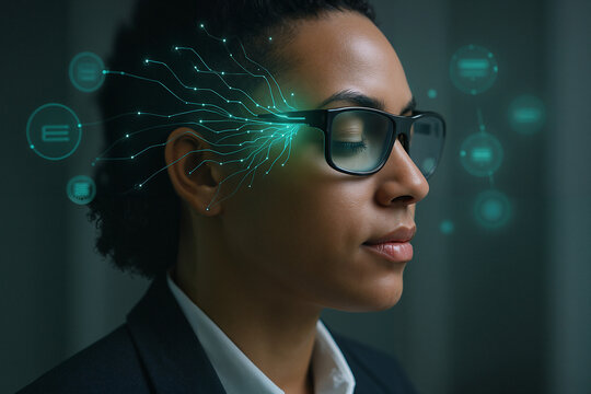 African American woman with closed eyes wearing smart glasses, integrating with glowing digital data for AI concept and futuristic neural network