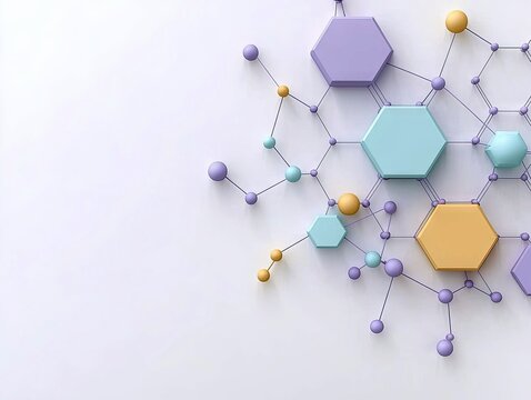 3D rendered abstract molecular structure with colorful geometric shapes and connecting lines against a white background.