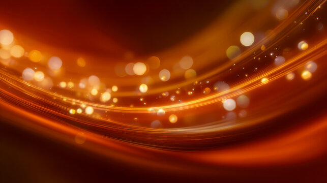 Abstract dynamic glowing golden wave lines with bokeh light particles on a smooth dark background conveying energy and motion concept