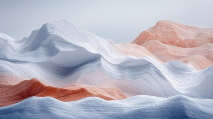 An abstract landscape of mountains with contrasting colors, textures, and soft lighting.