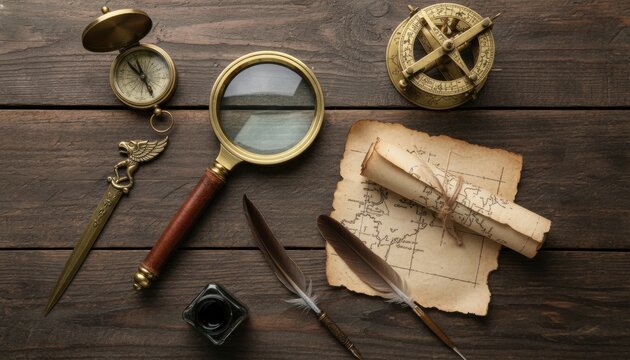 Vintage brass navigation and writing instruments including a compass, astrolabe, magnifying glass, and old map on a dark wooden background