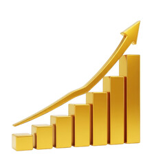 Golden bar chart with upward trend arrow isolated on transparent background