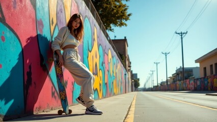 Confident young woman posing with her skateboard near colorful graffiti