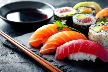 Fresh colorful sushi and maki rolls served on a slate plate with soy sauce and wooden chopsticks for an elegant Japanese dining experience