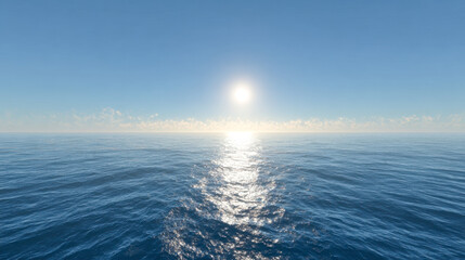 Tranquil endless ocean under a clear blue sky with sunlight reflecting off gentle waves at horizon during peaceful daytime