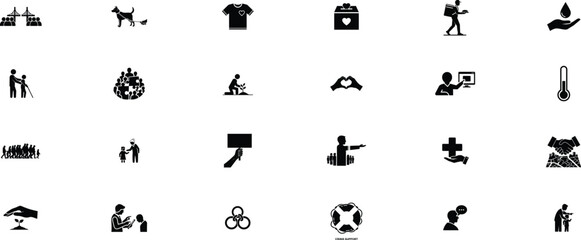Collection of simple black and white silhouette icons representing various objects and activities