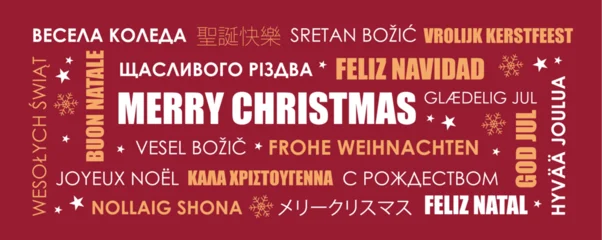 Fototapeten Pony merry christmas greeting card with text in different languages vector illustration  © krissikunterbunt