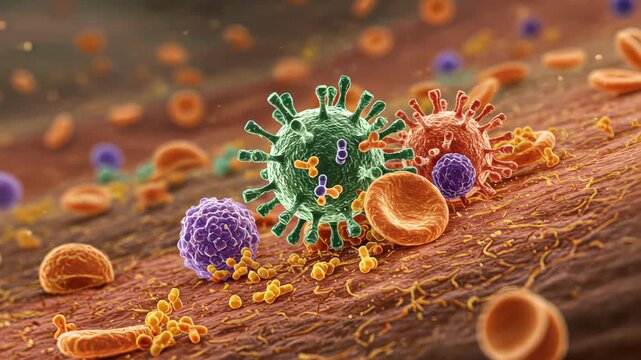 Microscopic view of viruses and bacteria in bloodstream  moving through dynamic cellular landscape