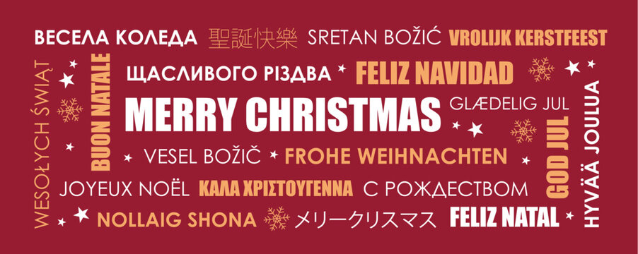 Fototapeta merry christmas greeting card with text in different languages vector illustration