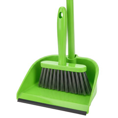 Bright green dustpan and brush set isolated on transparent background