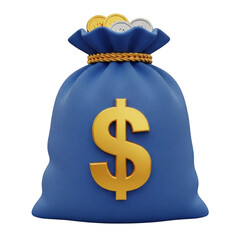 Blue money bag with golden dollar sign isolated on transparent background