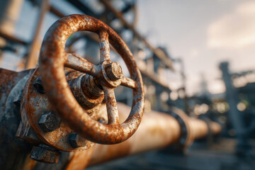 Rusty industrial valve wheel attached to weathered pipeline with blurred factory background during warm daylight hours