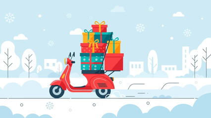 Holiday gifts arrive on a scooter through a winter wonderland ready for seasonal promotions and festive marketing campaigns this year