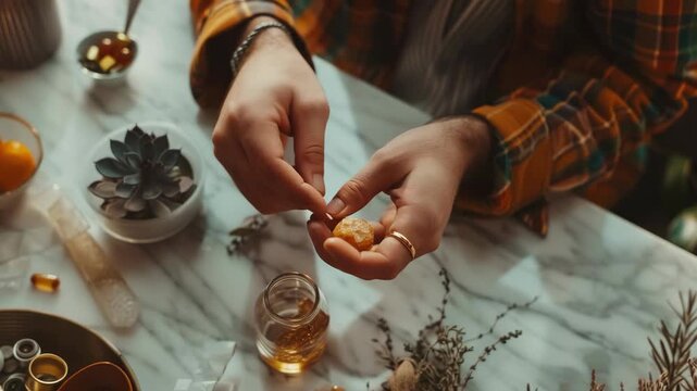 Man holding small amount of spice over glass jar with orange liquid inside, surrounded by natural elements on white tablecloth in warm lighting.