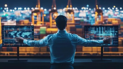 Operations manager oversees logistics and data analysis with advanced screens at a shipping port during nighttime activities - Powered by Adobe