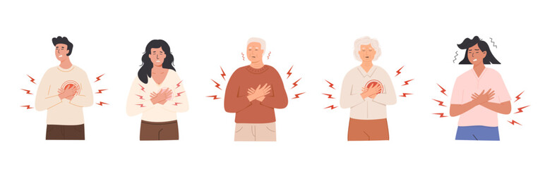Set of people experiencing chest pain and heart discomfort with a pained expression. Symptoms of heart attack, angina, respiratory issues. Flat Style Vector Illustration isolated on white background.