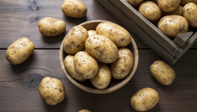 Fresh raw unwashed potatoes with dirt on their skins in a wooden bowl and crate, shot from above on a dark rustic wood table background in a farm-to-table style