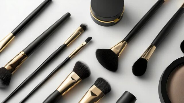 Stylish collection of black and gold makeup brushes displayed in an organized manner for cosmetic branding purposes.