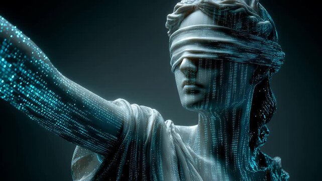 A statue of Justice covered with digital data illustrating the connection between technology and law in contemporary culture