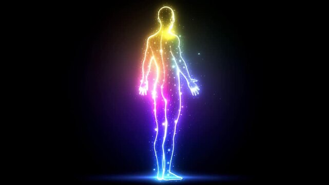 A human figure is illuminated with vibrant neon colors, depicting energy and light emanating from its form in a dark setting