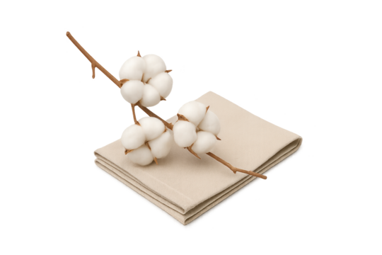 Cotton branch rests on folded beige napkins, with white cotton bolls and brown stem